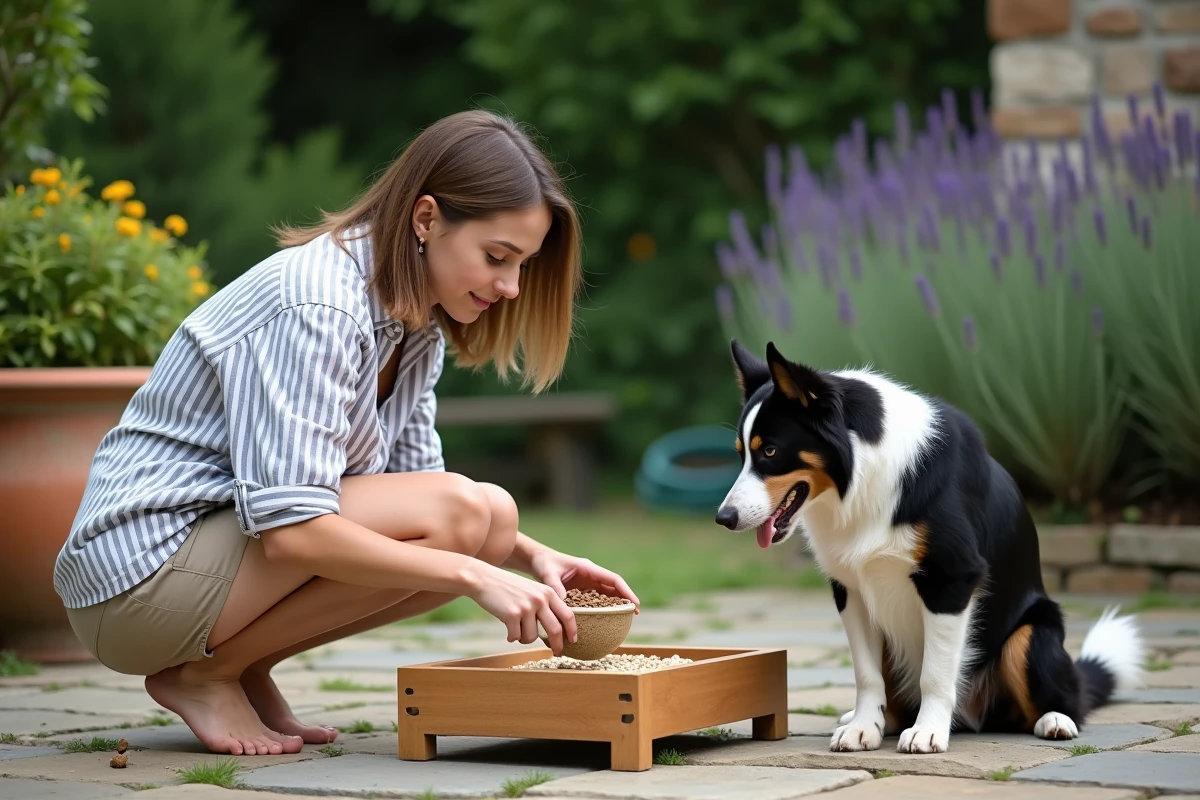 Jeune femme qui nourrit son border collie dans un jardin extérieur avec une gamelle en céramique