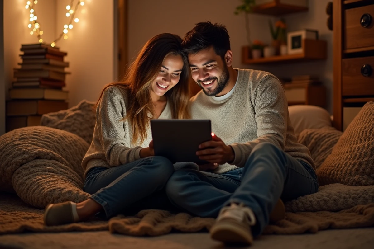Deux amis parcourant ensemble des alternatives de streaming sur une tablette dans un appartement bohème