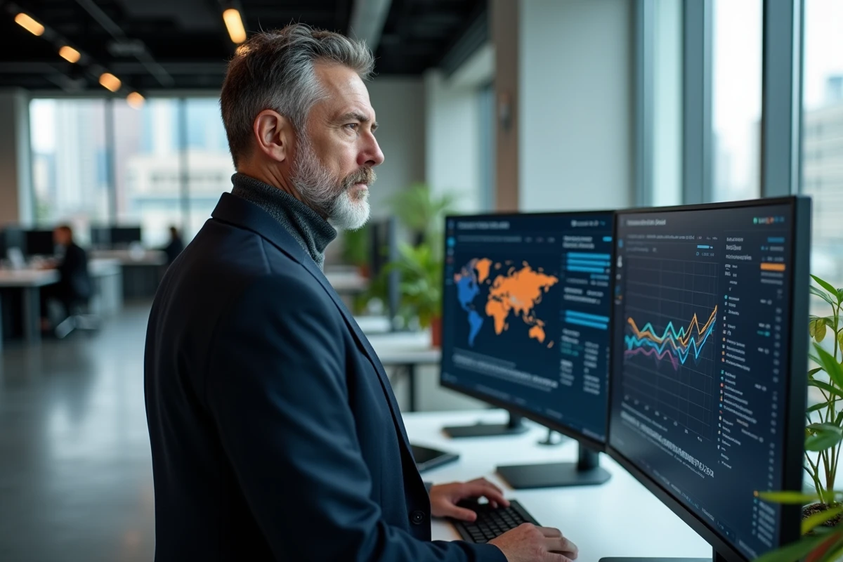 Cadre technologique analysant des tableaux de bord d'intelligence artificielle sur un grand écran incurvé dans un bureau moderne