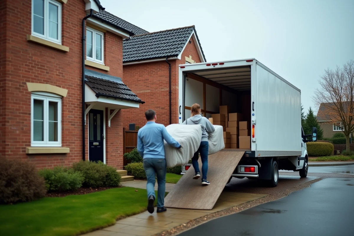 Deux déménageurs professionnels transportant un canapé emballé hors d'une maison vers un camion de déménagement stationné devant la propriété