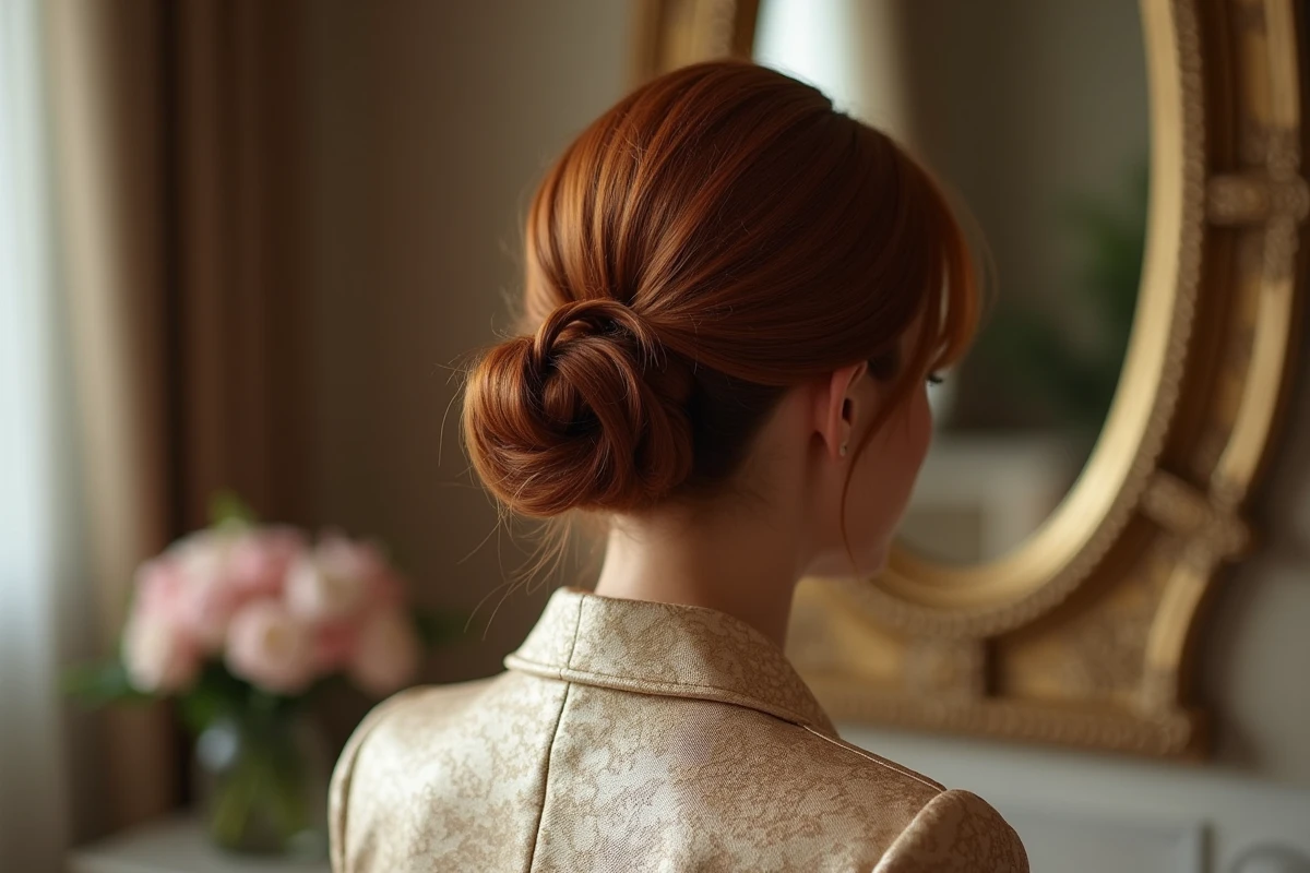 Chignon banane revisité porté avec élégance par une femme pour un mariage