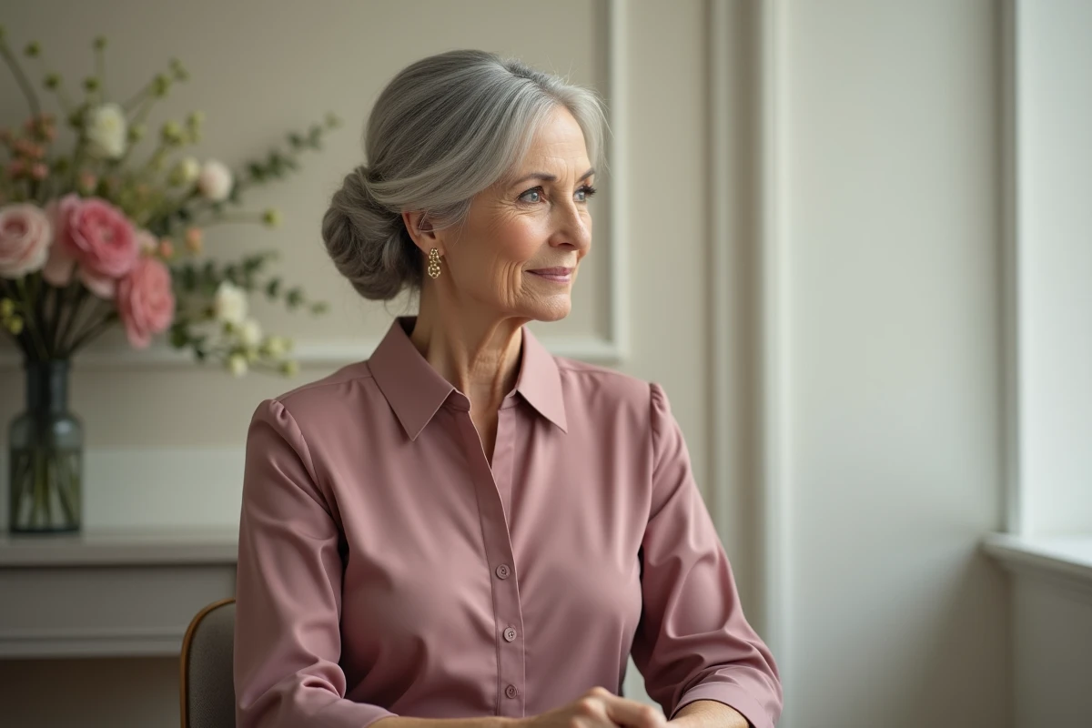 Femme élégante avec un chignon bas classique sur cheveux fins pour un mariage
