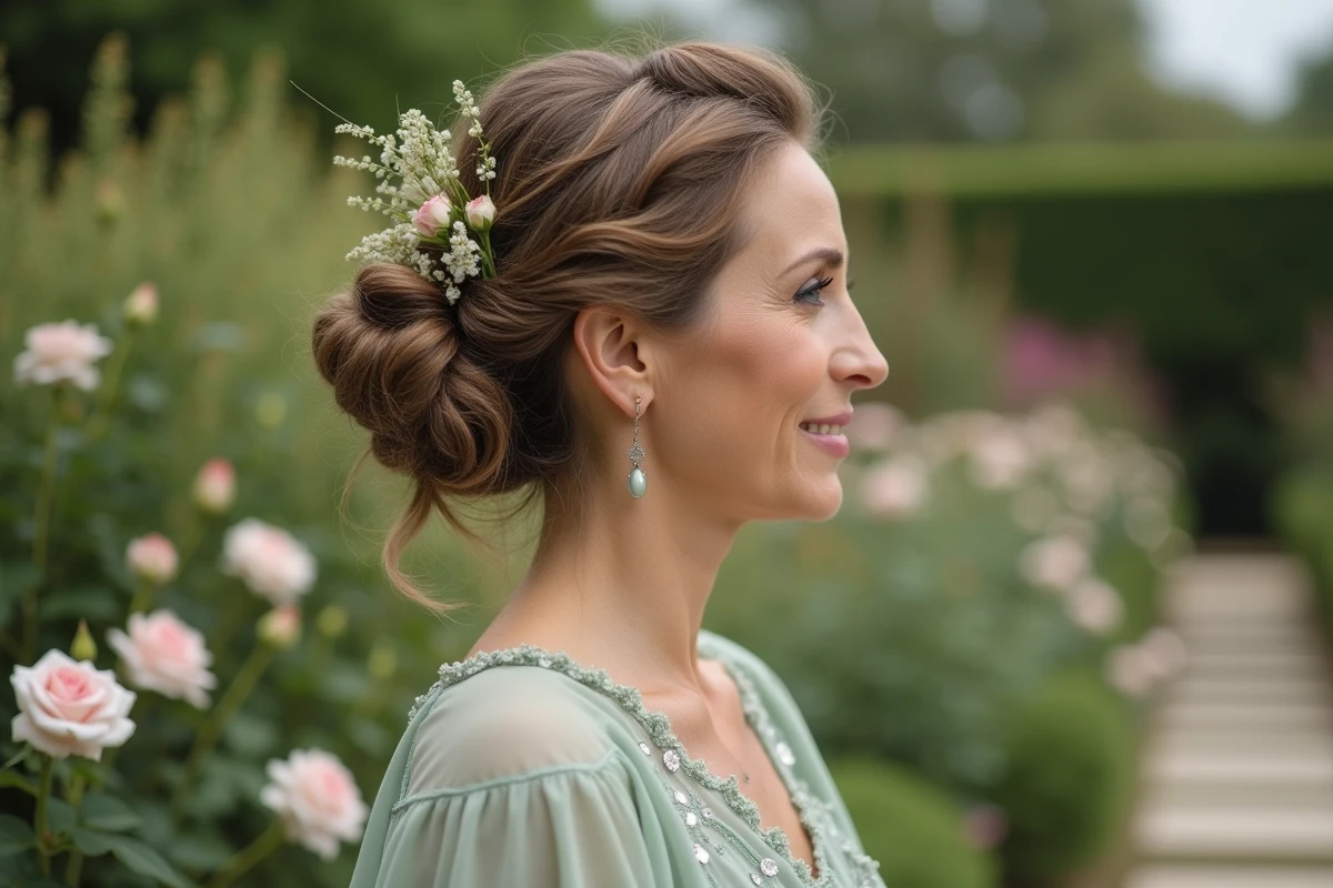 Chignon bohème orné de fleurs fraîches porté par une femme élégante pour un mariage