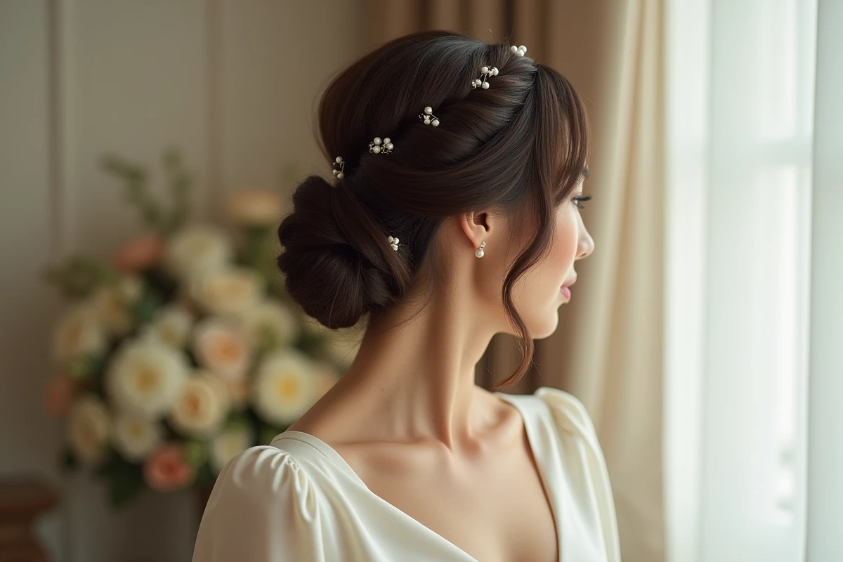 Chignon torsadé avec accessoires en perles porté par une femme élégante pour un mariage