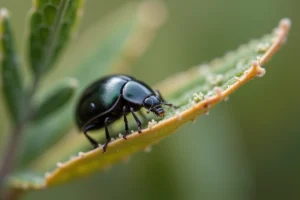 Coccinelle noire posée sur une feuille de sauge séchée dans un jardin naturel, symbole spirituel et mystérieux