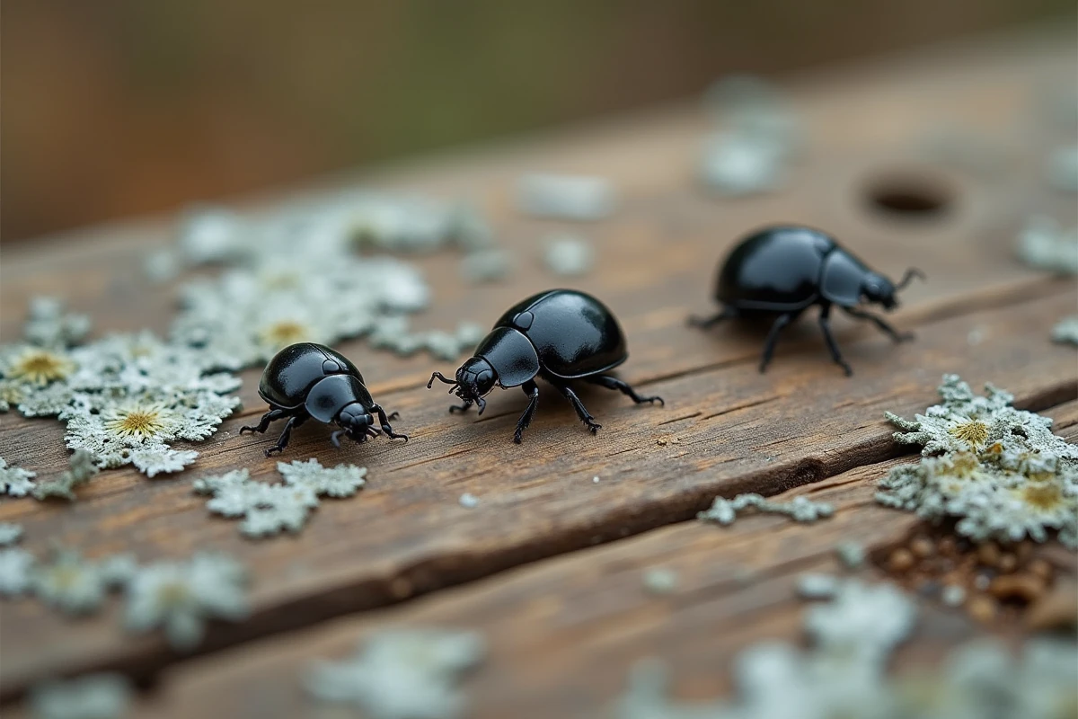 Trois coccinelles noires sur une surface en bois vieilli recouvert de lichen, évoquant le mystère et la symbolique spirituelle