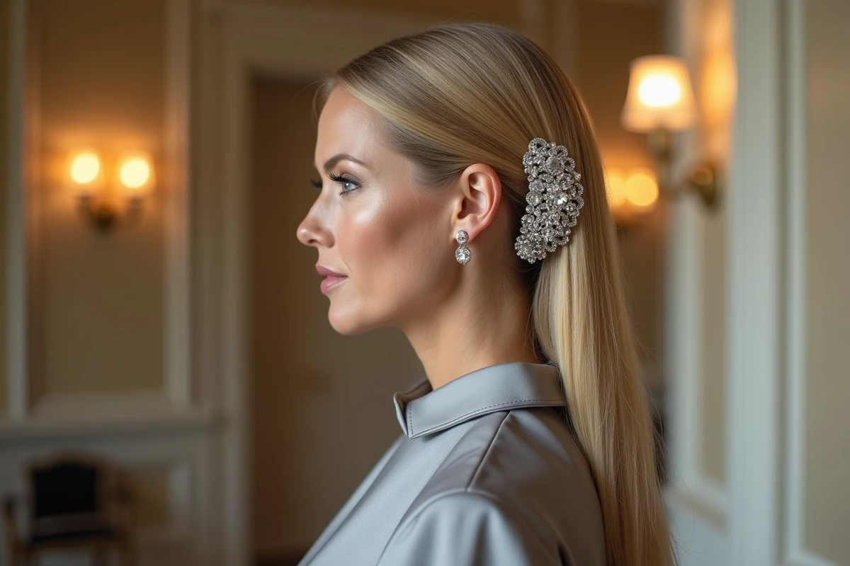 Coiffure lissée en arrière avec barrette bijou portée par une femme élégante pour un mariage