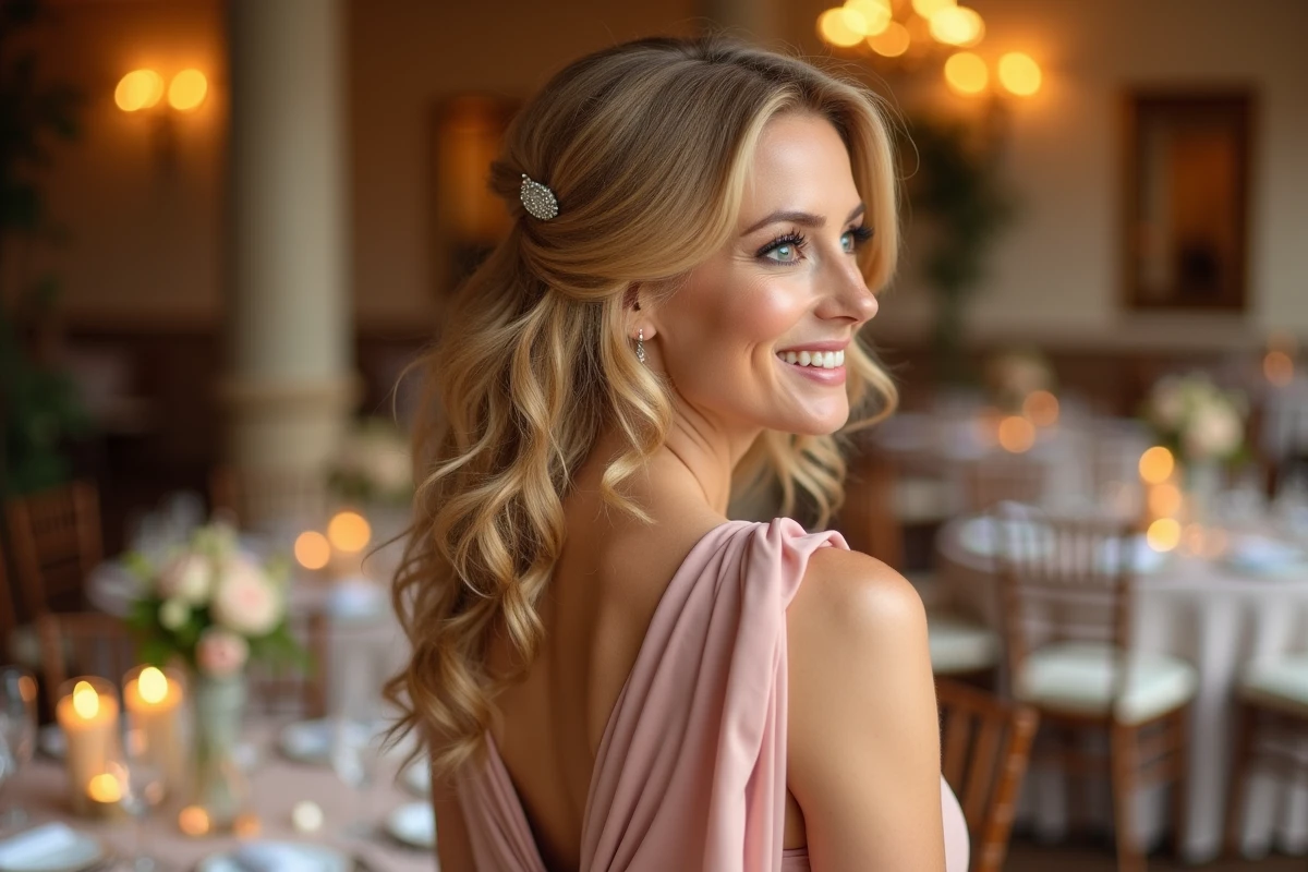 Coiffure mi-haute mi-bas avec boucles souples portée par une femme pour un mariage