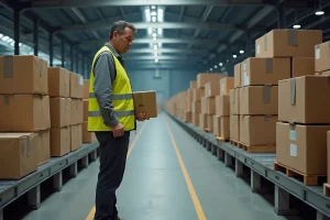 Ouvrier logistique examinant un colis bloqué sur un tapis roulant dans un centre de tri hub Harnes
