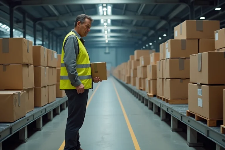 Ouvrier logistique examinant un colis bloqué sur un tapis roulant dans un centre de tri hub Harnes