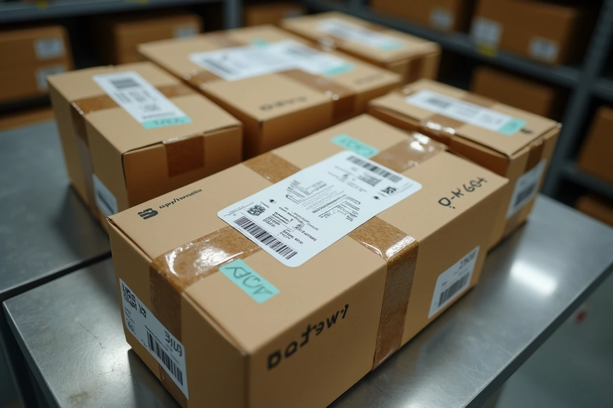 Colis entassés sur une table de tri avec étiquettes de suivi dans un entrepôt de distribution postale