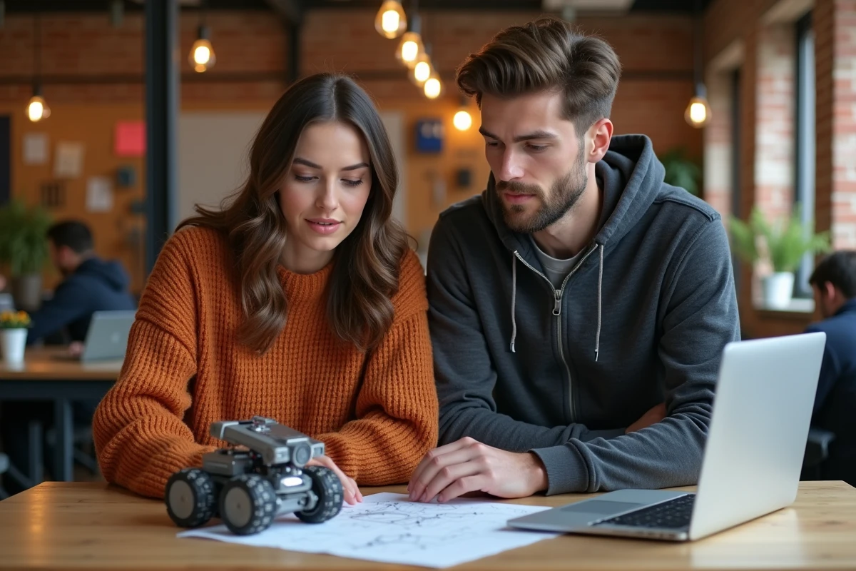 Deux jeunes professionnels collaborant sur un prototype robotique dans un espace de coworking créatif