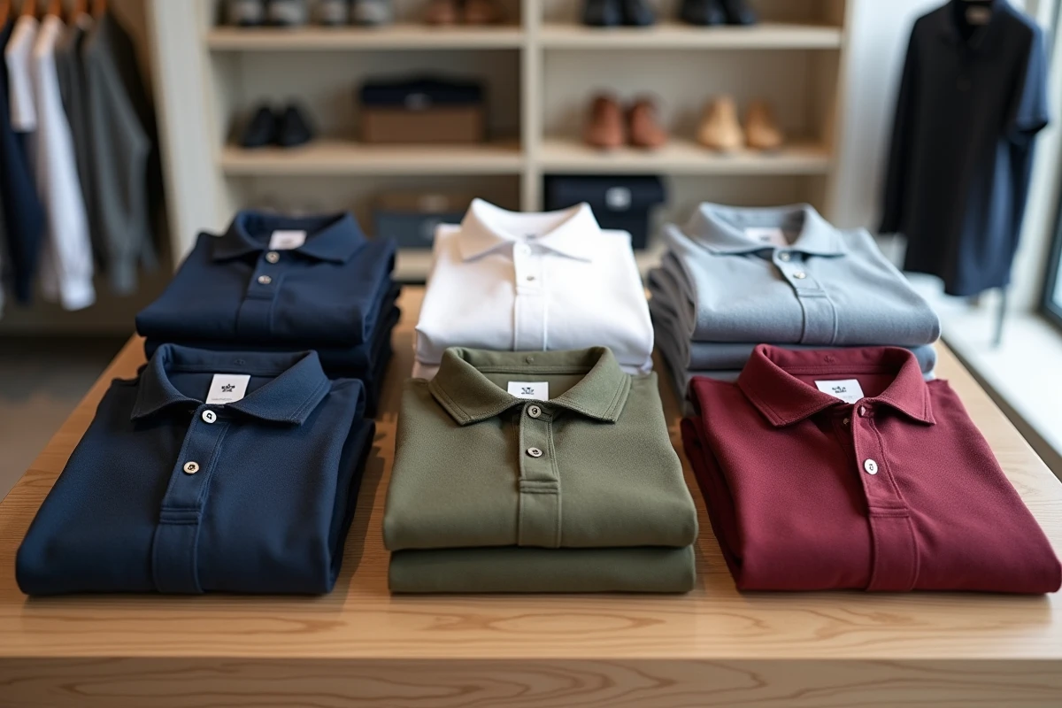 Collection de polos et vêtements de sport de marques concurrentes à Lacoste disposés sur une table en bois dans un magasin concept minimaliste