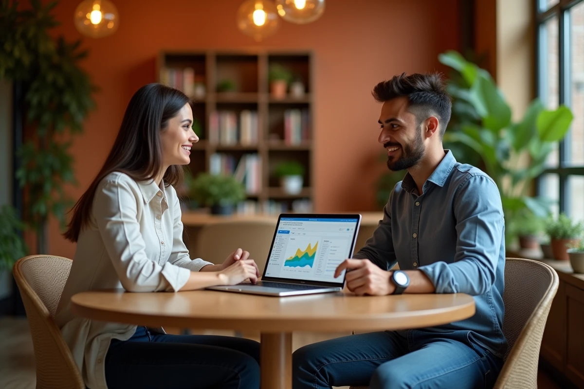 Deux collègues discutant des dernières actualités digitales et tendances web dans un espace de coworking
