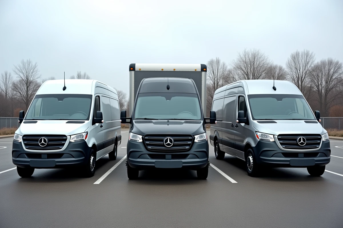 Comparatif de trois fourgons utilitaires larges alignés dans un parking professionnel pour classement 2024