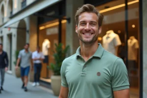 Homme portant un polo de marque devant des boutiques de mode haut de gamme concurrentes de Lacoste en centre-ville