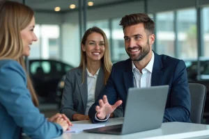 Conseiller de vente souriant devant un ordinateur dans un bureau moderne