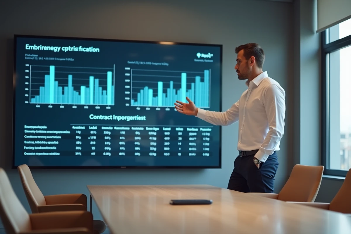 Consultant en énergie présentant des données d'optimisation de contrats BtoB sur un écran en salle de réunion