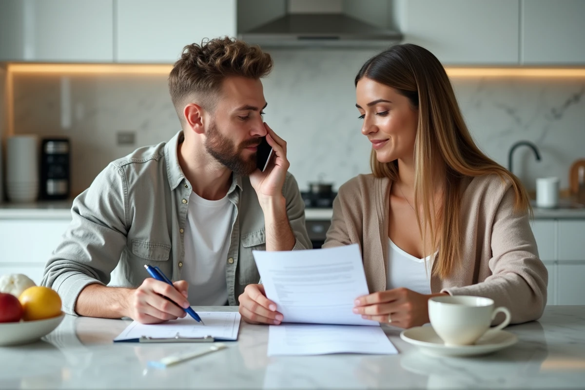 Couple consultant Cofidis par téléphone ensemble pour finaliser l'acceptation d'un crédit à la consommation