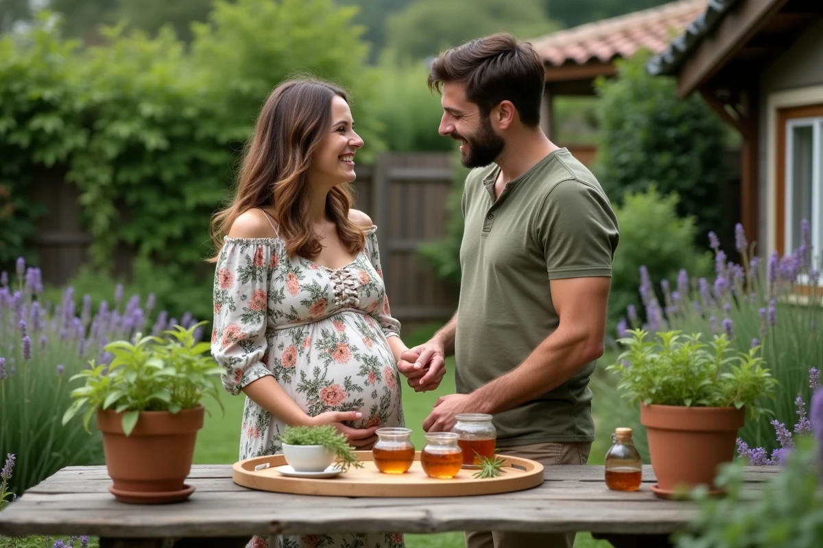 Couple attendant un bébé préparant des remèdes naturels et tisanes dans un jardin verdoyant