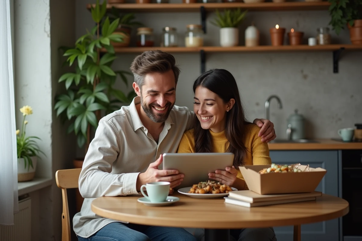 Couple regardant un film en streaming sur une tablette pendant un repas à la maison dans une cuisine moderne