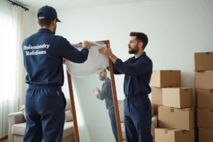 Deux déménageurs professionnels emballant soigneusement un miroir avec du papier bulle dans un salon en cours de déménagement