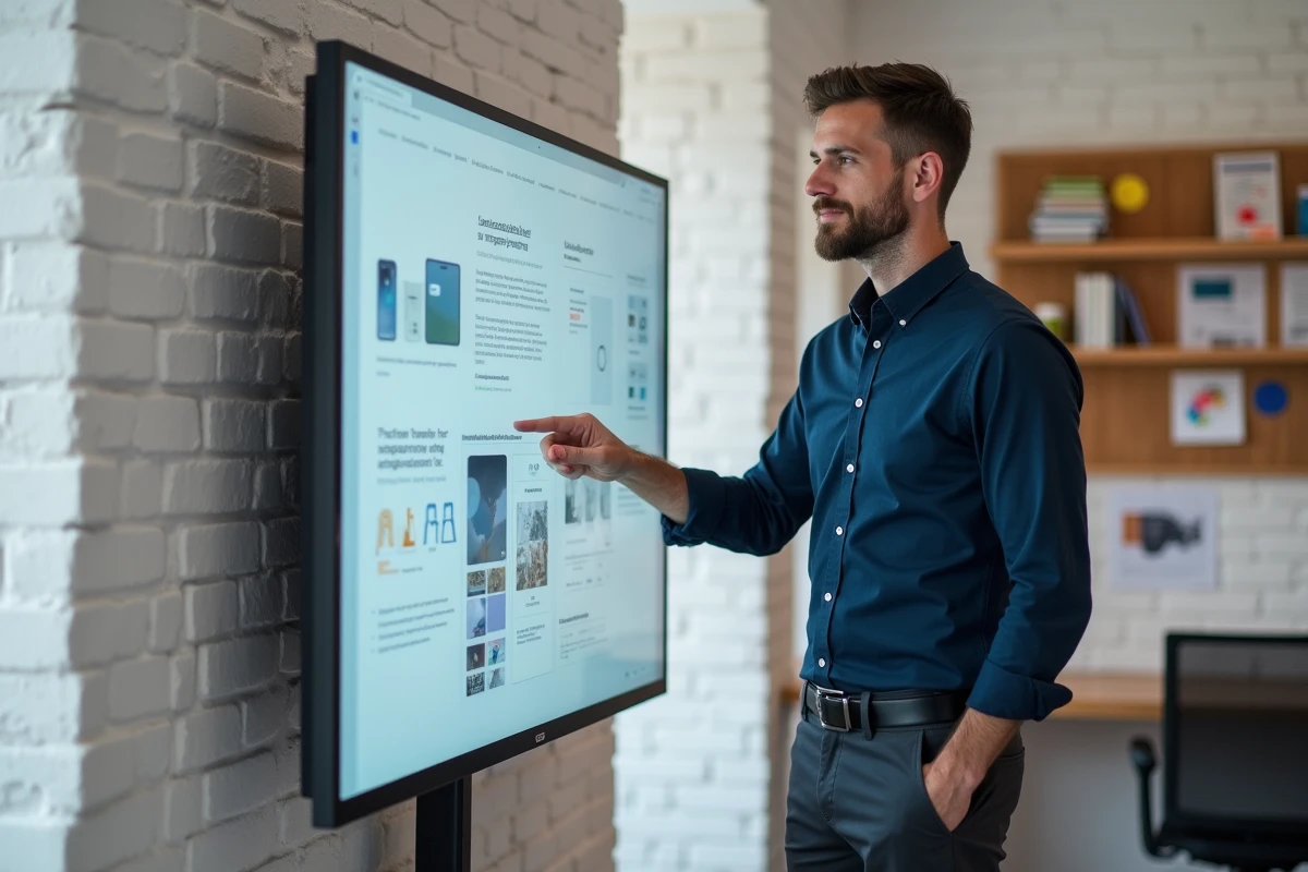 Designer web masculin analysant des maquettes UX et tendances digitales sur un grand écran tactile