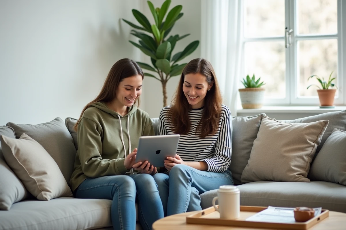 Deux femmes discutant des dernières actualités autour d'une tablette dans un salon moderne