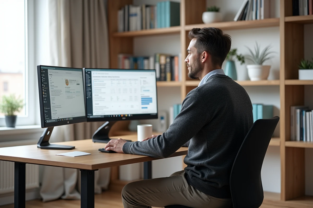 Entrepreneur masculin travaillant sur une stratégie de marketing en ligne avec des outils SEO et un calendrier de contenu dans un bureau à domicile