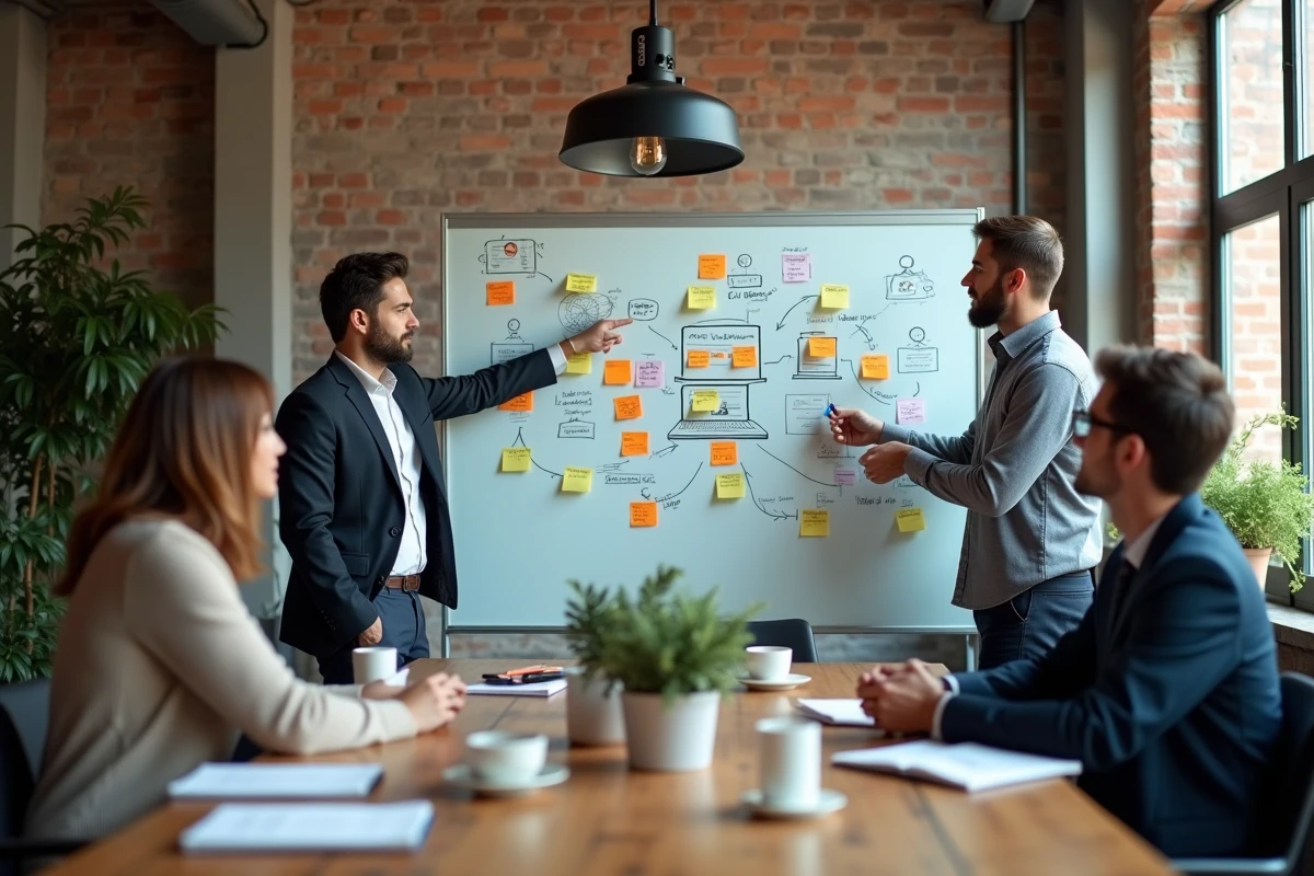 Équipe marketing en réunion de brainstorming devant un tableau blanc avec des diagrammes de stratégie digitale dans un espace de coworking