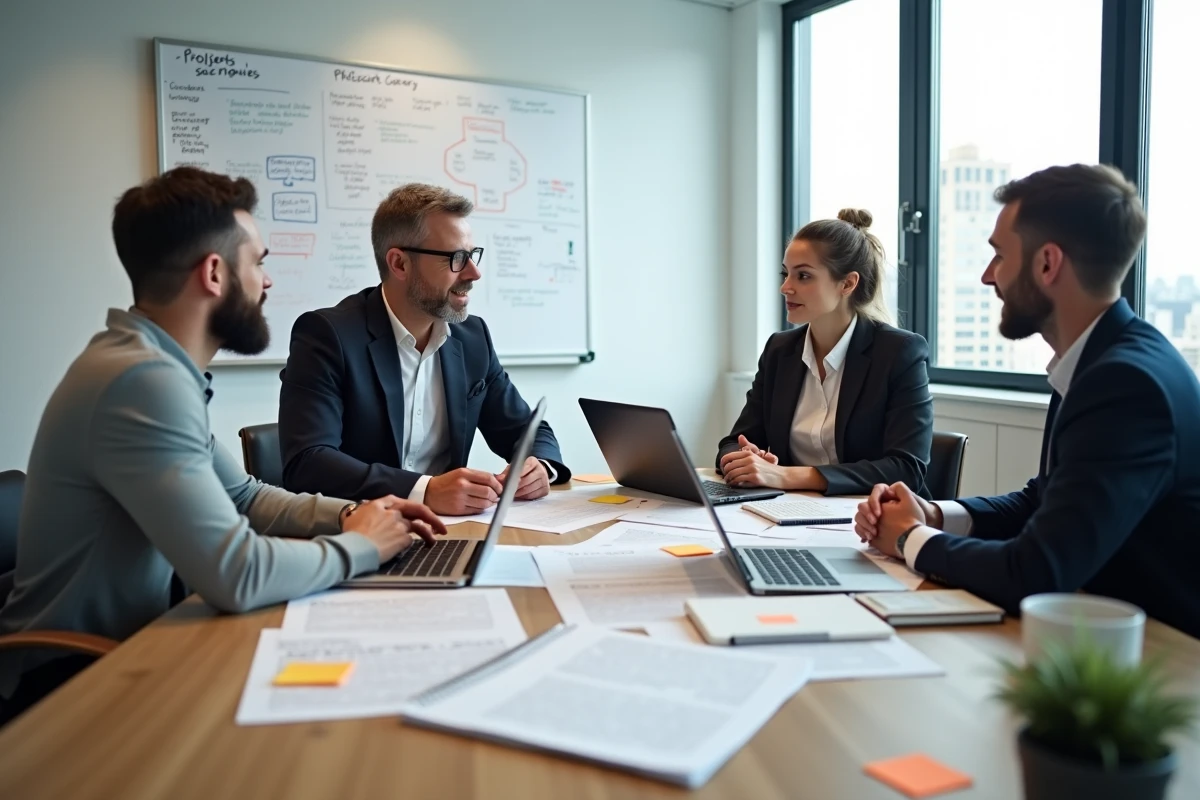 Équipe de professionnels discutant des termes de référence d'un projet autour d'une table de réunion