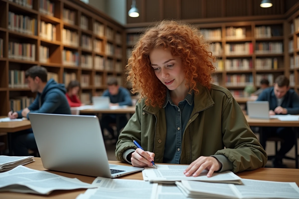 Étudiante en journalisme consultant journaux et actualités en ligne dans une bibliothèque universitaire