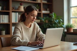 Femme lisant les dernières actualités sur un ordinateur portable dans un bureau cosy