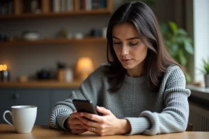 Femme consultant les actualités en temps réel sur son smartphone dans un appartement parisien