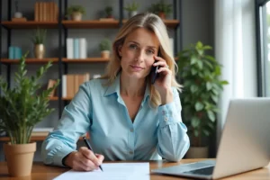 Femme en train d'appeler Cofidis depuis son bureau pour accélérer l'acceptation de son crédit