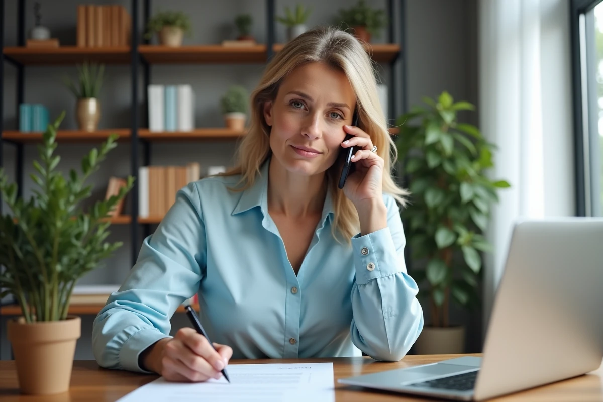 Femme en train d'appeler Cofidis depuis son bureau pour accélérer l'acceptation de son crédit