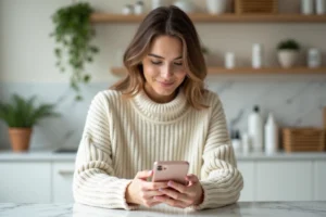 Femme consultant l'application Luvly sur son smartphone dans une cuisine moderne pour s'abonner à un service de beauté