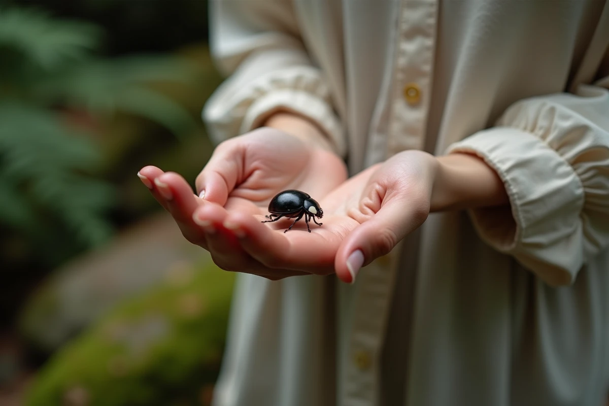 Femme tenant une coccinelle noire dans sa paume, connexion spirituelle entre l'humain et l'insecte dans un cadre forestier