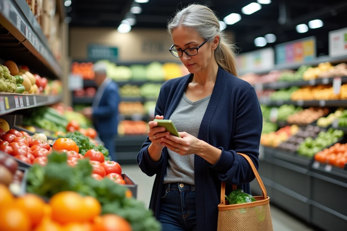 Femme lisant les étiquettes alimentaires en supermarché dans le cadre d'un régime Naturhouse