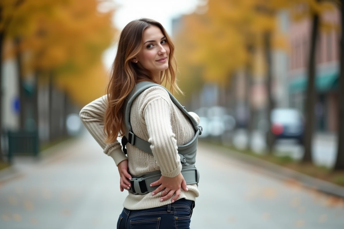 Femme portant un porte-bébé ergonomique en ville et s'étirant le dos pour soulager une douleur thoracique