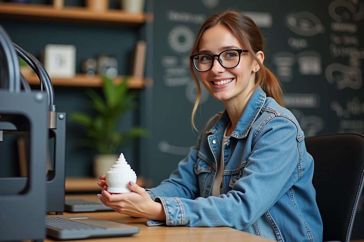 Femme souriante examinant une impression 3D dans un atelier créatif
