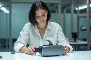 Femme ingénieure examinant un casque de réalité augmentée dans un laboratoire technologique moderne
