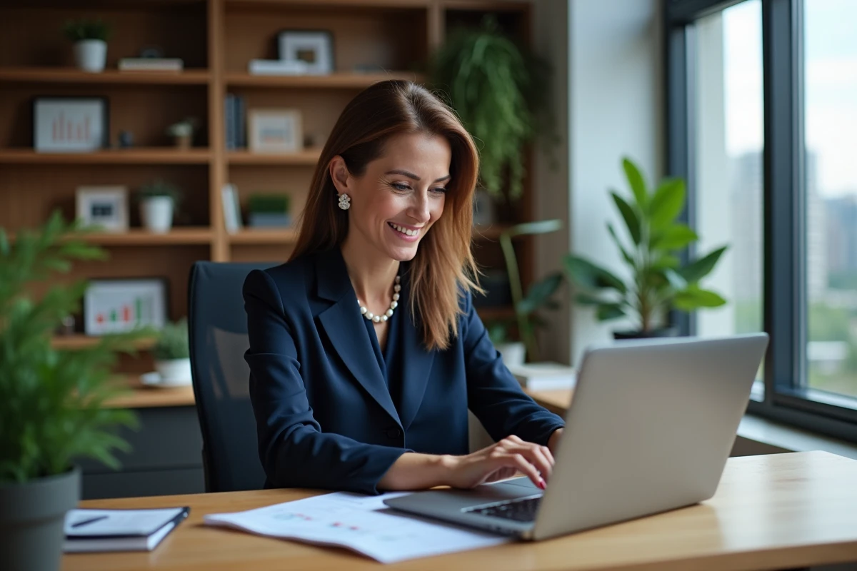 Femme d'affaires analysant son portefeuille d'investissements sur un ordinateur portable dans un bureau moderne en 2024