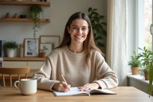 Femme souriante journalisant dans un intérieur lumineux
