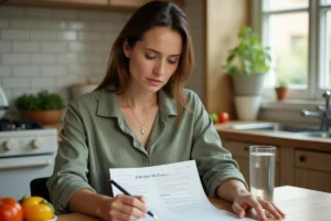 Femme consultant son plan nutritionnel Naturhouse à la cuisine, avec des légumes frais sur la table
