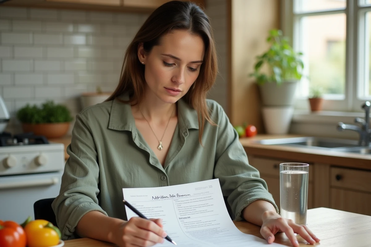 Femme consultant son plan nutritionnel Naturhouse à la cuisine, avec des légumes frais sur la table