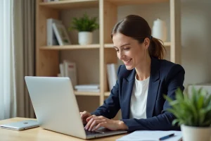 Femme professionnelle cherchant un emploi en ligne sur son ordinateur portable dans un bureau à domicile moderne