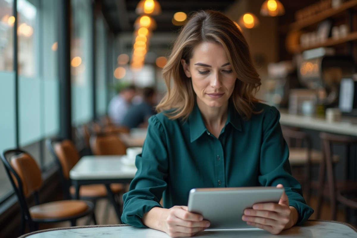 Femme d'âge mûr recherchant des offres d'emploi adaptées à son profil sur une tablette dans un café urbain