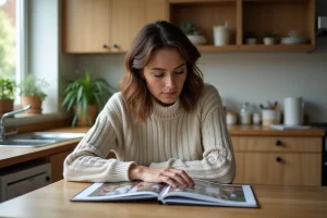 Femme réfléchissant en regardant un album photo dans la cuisine