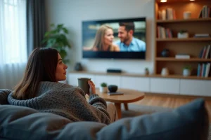 Jeune femme regardant une série en streaming sur son téléviseur dans un salon scandinave cosy